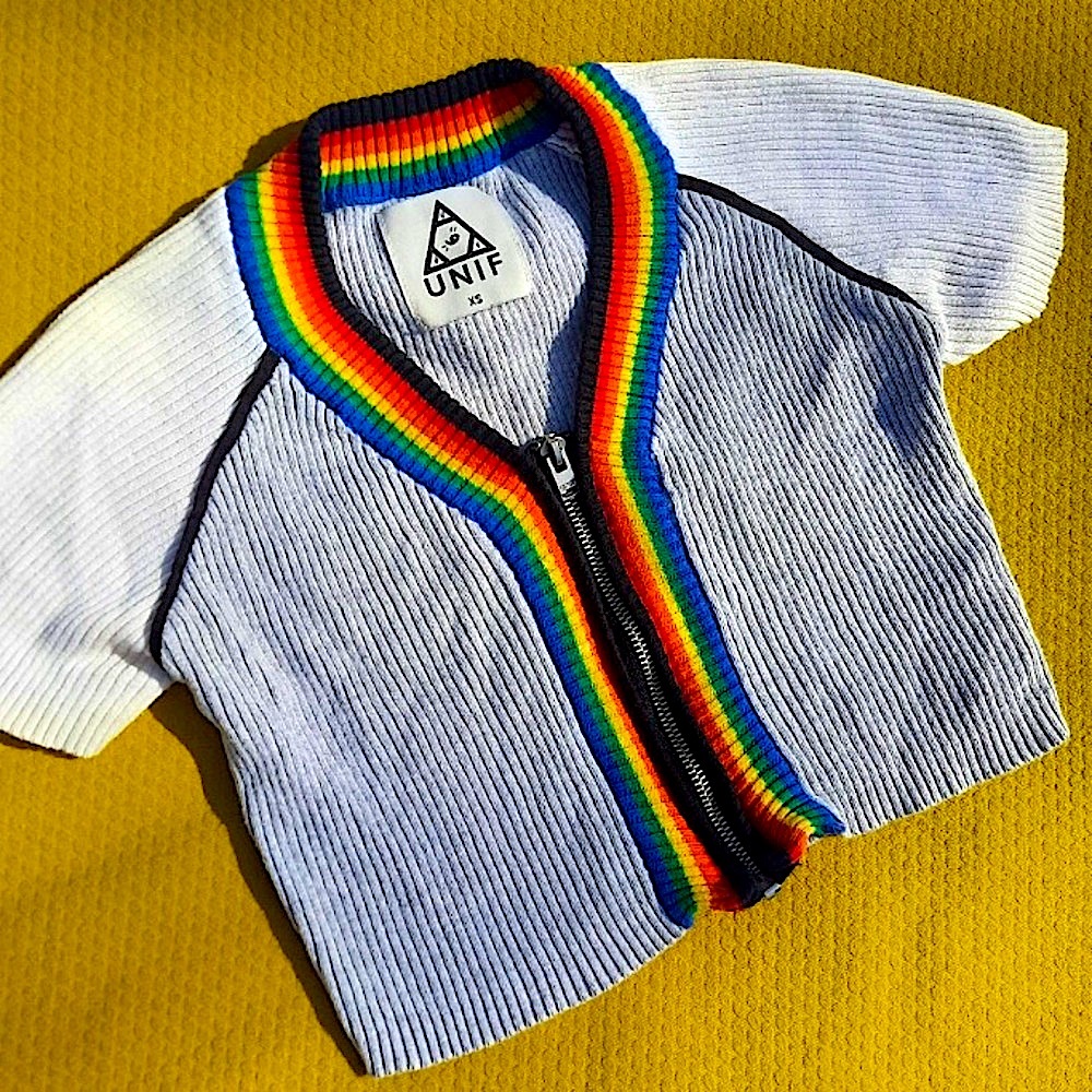 •UNIF• Zip Front Rainbow Trimmed Soft Ribbed Heather Crop Sweater Top 🌈🍭⛅️